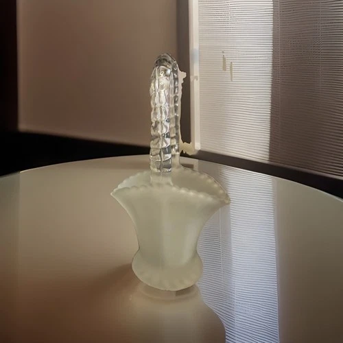 Vintage fenton white satin frosted glass mini basket w/ clear ribbed handle