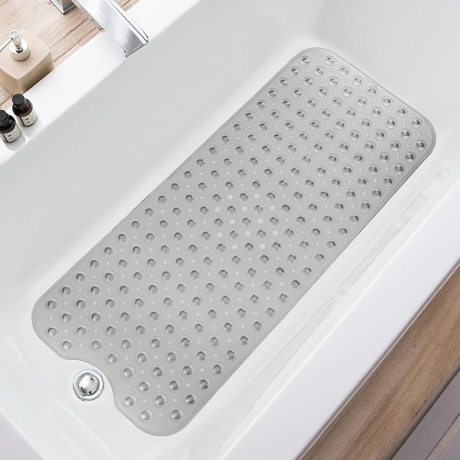 Extra Long Bathtub Mat 39x16 Non Slip Suction Cups Drain Holes Clear Gray