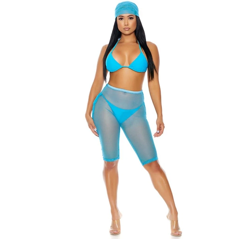 挂脖比基尼套装侧领带下装网眼遮瑕短裤头巾蓝色 448781 XS — 第 3/4 张图片