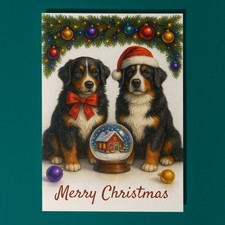 Bernese Mountain Dogs - Snow Globe Merry Christmas Card Envelope Personalised