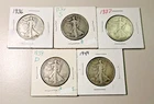 Lot of 5 Silver Walking Liberty half dollars: 1936, 1936-S, 1937, 1939-D, 1944