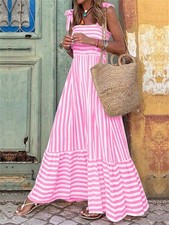 Boho Striped Maxi Dress Shirred Ruffle Hem Knot Summer Beach Vacation Gown