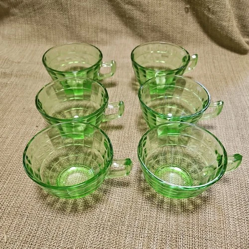 6 Vintage Hocking Optic Block Green Depression Glass Tea Coffee Cup with Handle