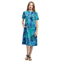 La Cera Blue Floral Midi Dress Short Sleeve Pockets Cotton Size XL Casual 