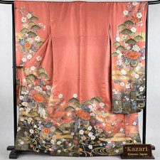 Vintage Japanese Silk Furisode Kimono Pink Floral Cart Pine Gold