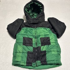 Minecraft Creeper Coat Kids Size 5/6 Green Black Zip Up Puffer Jacket W/hood