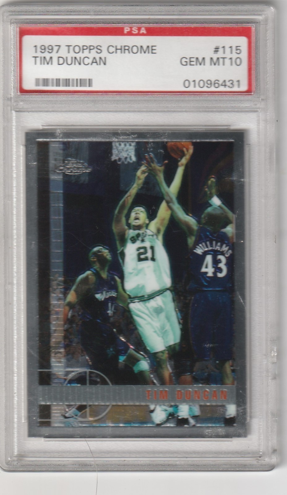 1997-98 Topps Chrome #115 Tim Duncan Spurs RC Rookie HOF PSA 10 GEM MINT