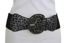 Women Elastic Black Faux Leather Leopard Cheetah Belt Stretch Waistband XS S M
