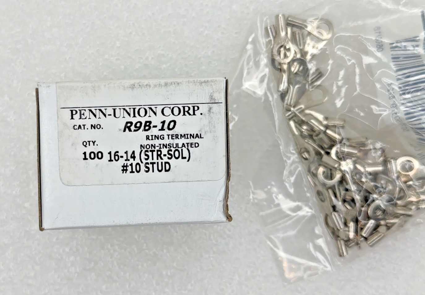 *New in Box of 100* Penn-Union Corp R9B-10 Ring Terminal Non-Insulated 16-14