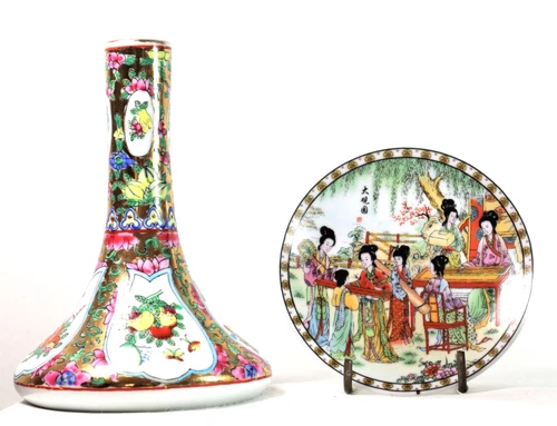 vintage Chinese Republic Mid 20th Century  Famille Rose Miniature vase and dish