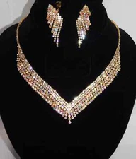 AB Necklace and  Earrings Set Clip Earring Crystal Bridal Jewelry Sets  /18572