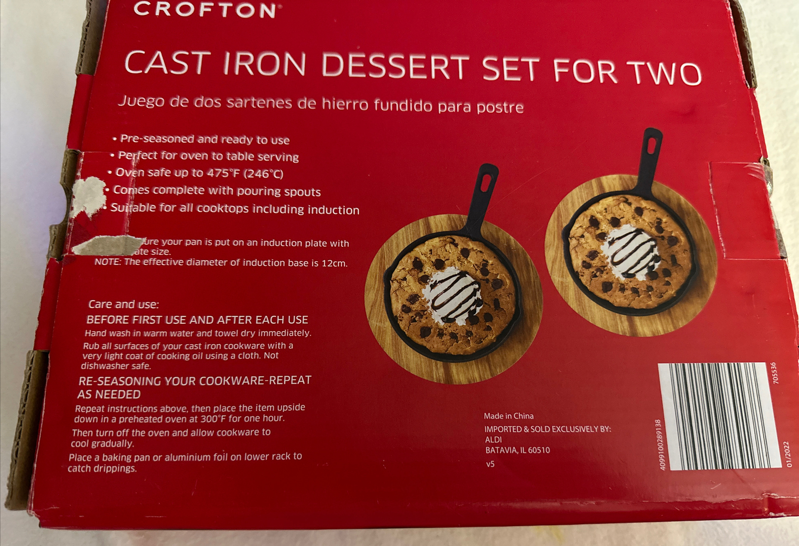 Crofton Cast Iron Dessert Skillet Set For 2 W/Wood Trivets Box for sale