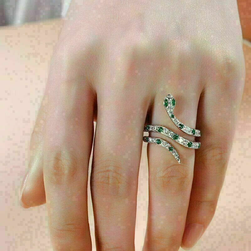 Unique 3Ct Created Green Emerald Diamond Snake Ring 14K White