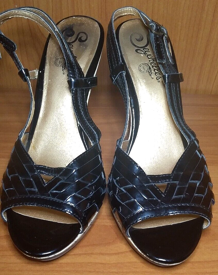 SEYCHELLES BLACK SLING BACKS OPEN TOE, CORK CONE HEEL, PATENT LEATHER SIZE 7.5 - Image 4 of 4