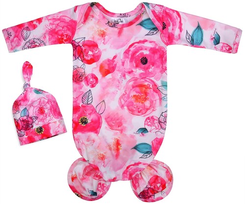 Baby Knotted Gown, Super Soft Newborn Sleeper, Girls Nightgown Set with Hat