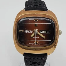 AUTHENTIC ATLANTIC 25 JEWELS MONZA DAY DATE RED DIAL SWISS MEN'S MINT ETTA WATCH