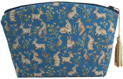 FRENCH TAPESTRY, ''MILLES FLEURS ET ANIMAUX'' BLUE ZIPPERED CASE, LADY & UNICORN