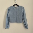 Urban Outfitters Women's Size Medium Blue Luca Smocked Long Sleeve Cropped Top