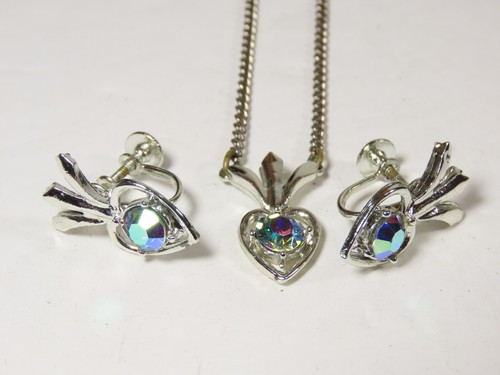 Gorgeous Vintage AB Rhinestone Earring Necklace Set Silver Tone Screw-On C4641 - 第 4/6 張圖片