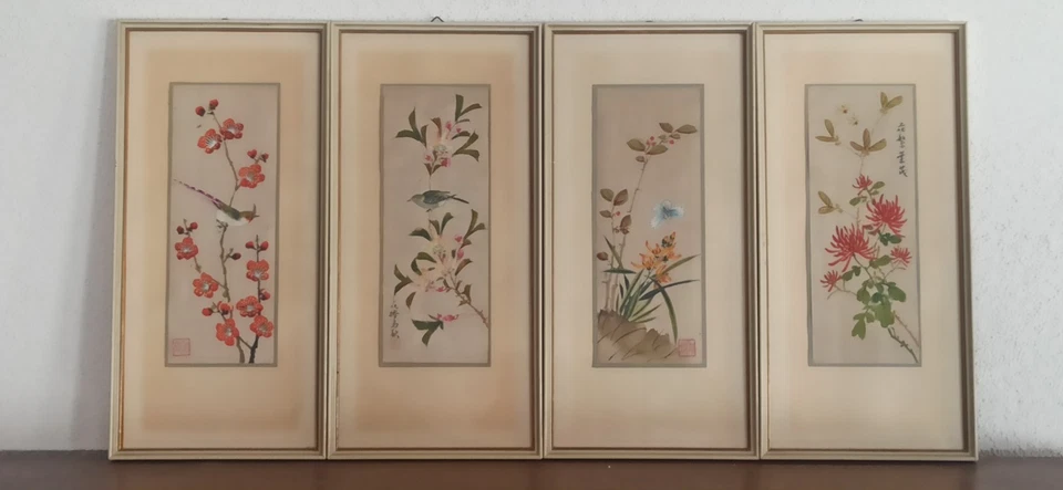 Traditionelle Original Seidenmalerei Vogel & Blume auf Seide signiert China alt - Bild 2 von 4