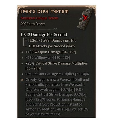 Diablo 4 S14 Ifeh's Dire Totem 0GA 100% Unique Totem Druid Gear Item Equipment