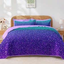 7 Pcs Quilt Set Size, Colorful Girl Ombre Purple Queen Teal Purple Glitter