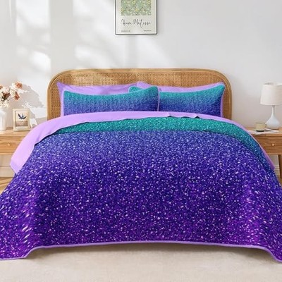 7 Pcs Quilt Set Size, Colorful Girl Ombre Purple Queen Teal Purple Glitter