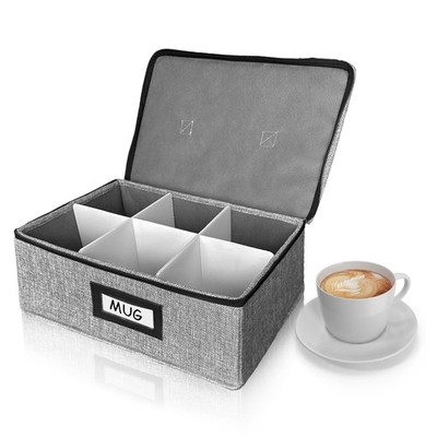 Cup Mug Storage Box with Dividers Zipper Lid Holds 6 Stackable Grey