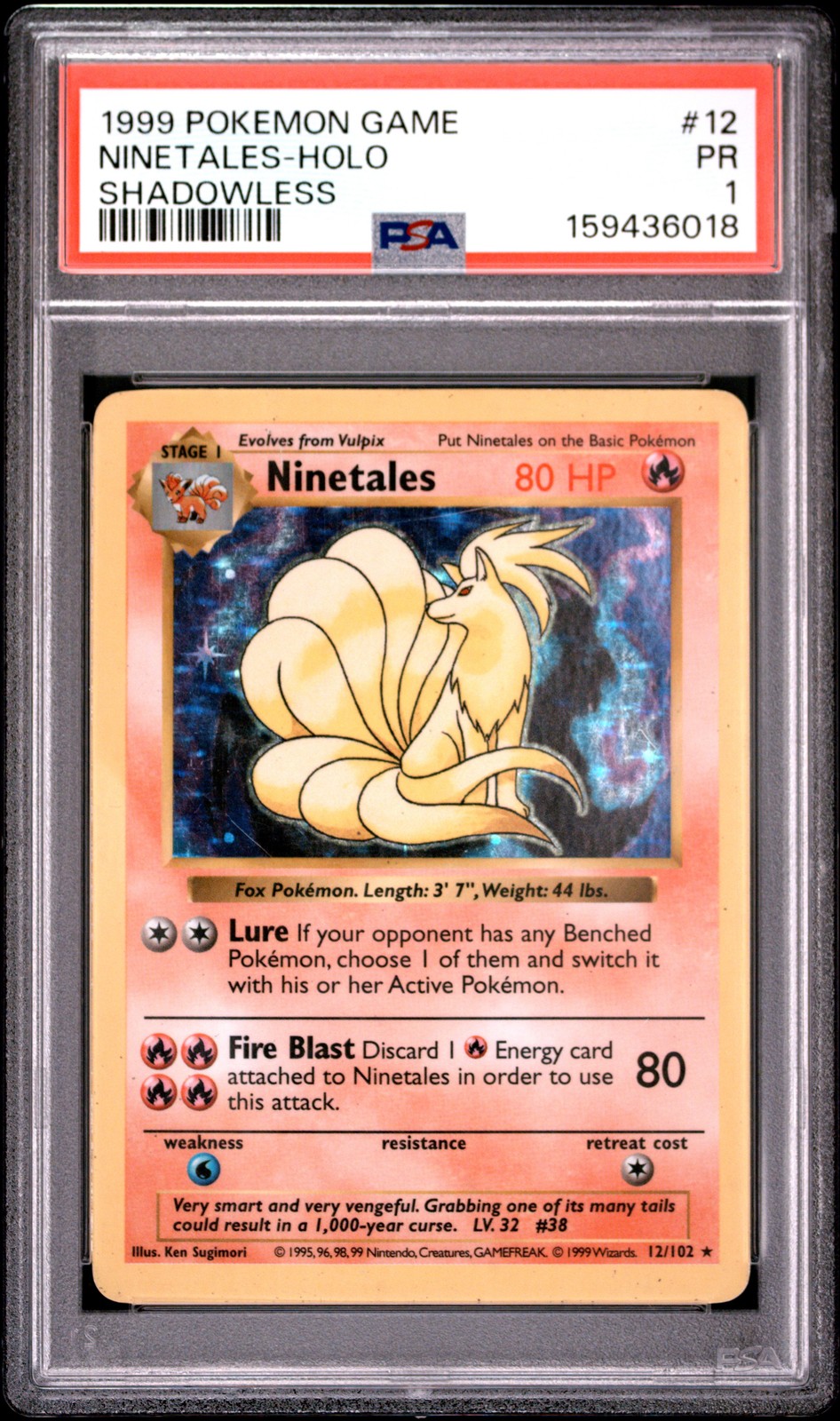 1999 POKEMON BASE SET SHADOWLESS #12 NINETALES-HOLO PSA 1