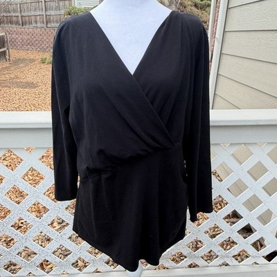 Sundance Women XL Black Cotton Crossover V Neck Black Top Stretchy Mob Wife Goth