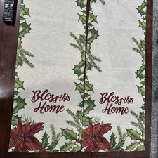 Christmas Holiday Table Runner BLESS THIS HOME Gold Green Holly Red Poinsettia