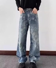 Men's Blue Denim Jeans Floral Printed Straight Leg Casual Pants Trousers Hip Hop