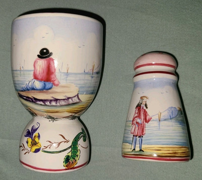 Antique Veuve Perrin hand painted French faience ceramic egg cup & salt shaker