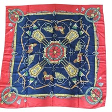 Vintage Equestrian Print Horse Chariot Red Blue Gold 34x35" Womens Scarf