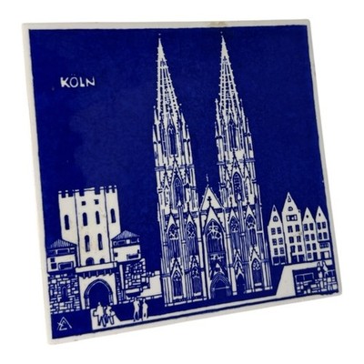 Vintage Alfred Evers Köln Germany Ceramic Art Tile Blue White Cologne Cathedral