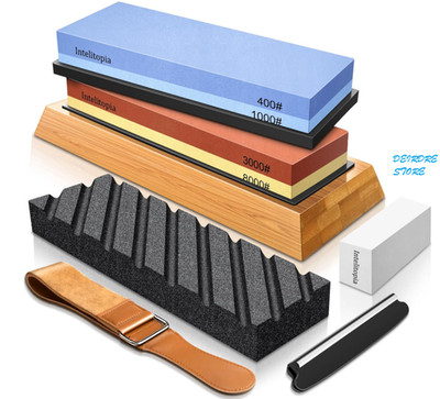 Intelitopia Knife Sharpening Stone Set 400/1000 3000/8000 Whetstone w/ Strop & B