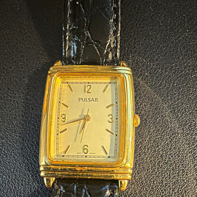 Pulsar Rectangle Gold Dial Quartz Analog Watch Gold Case Black Leather Strap