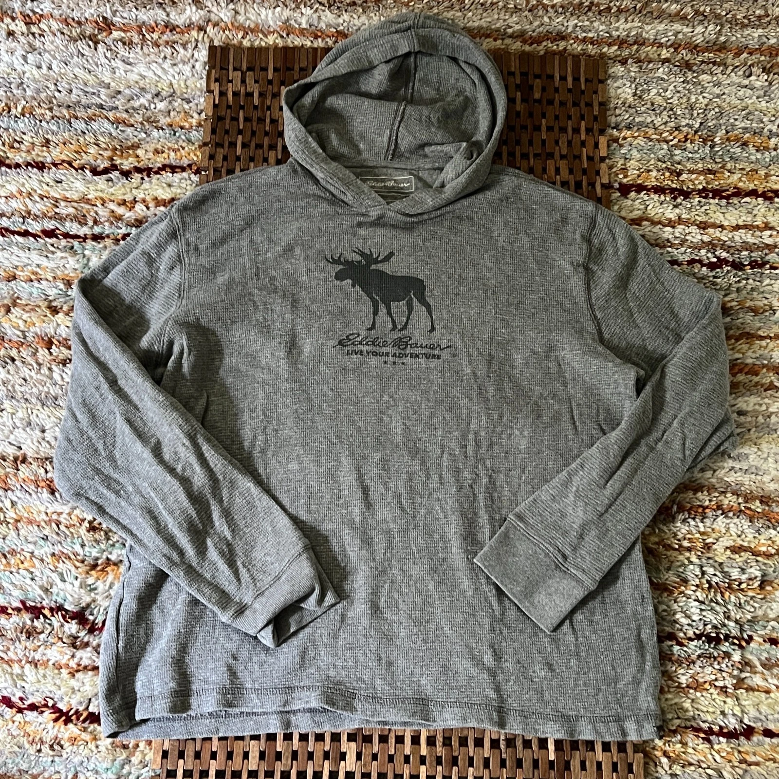 Eddie Bauer Moose Graphic Waffle Textured Thermal Hoodie Hoody Grey Medium M