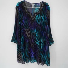Catherines Womens Animal Print Artsy Blouse Top Teal Purple 3X 26/28W Party