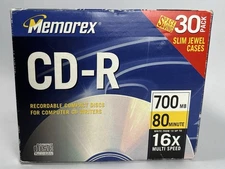 NEW Memorex 30 pack CD-R Recordable CD Disks in Slim Jewel Cases 700MB 16x 80min