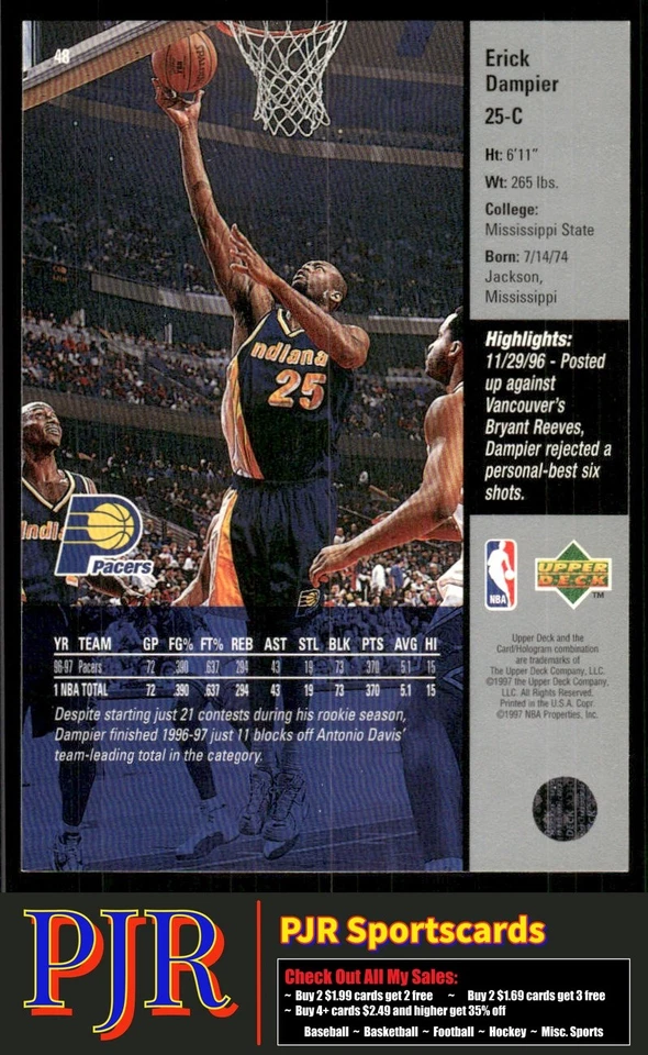Erick Dampier 1997-98 Upper Deck #48 Indiana Pacers - Image 2 of 2