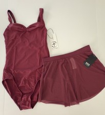NWT 2 PIECE WEAR MOI Faustine Pinch Front Tank Leotard MED Burgundy  Mesh Skirt
