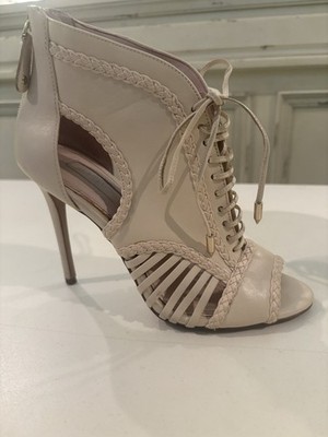Joyce Azria Nude Peep Toe Lace Up Ankle Bootie Heels Women s Size 6.5M Blush