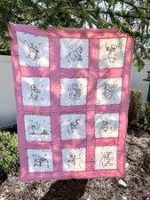 Vintage handmade embroidered crib toddler bed quilt with animal safety lessons