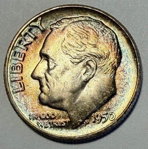 1950-P Roosevelt Dime, Choice Gem BU, Stunning Toning! Silver