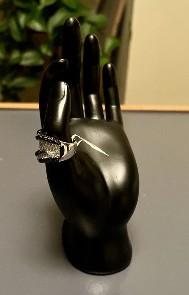 925 Sterling Silver Black Spinel & White Zircon Leaf Design Wide Band Ring- Sz 9 - Image 2 of 4