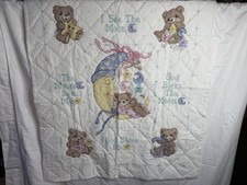 Vintage Cross Stitch Moon Stars Teddy Bear Baby Quilt Blanket 42  x35  