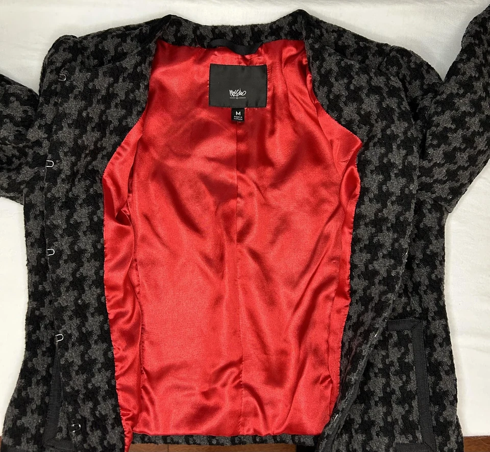 Mossimo Твидовая куртка женщин M Houndstooth воротникless черный серый Twee 3/4 рукав - Изображение 3 из 4