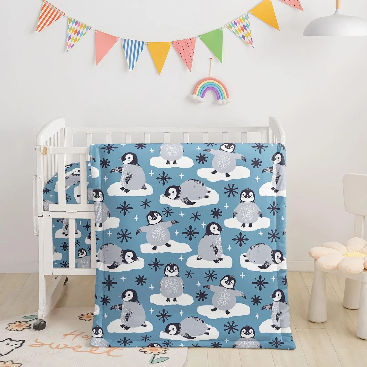 Crib Bedding Set,3pcs Nursery Cartoon Penguin Snowflakes Printed Crib Bedding...