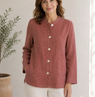 Dialogue Womens Size M Jacket button Red Pockets Long Sleeve Linen Cotton
